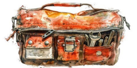 Poster - A colorful watercolor painting of a tool bag with various tools and equipment inside