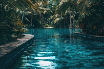 Poster - A serene pool scene surrounded by tall palm trees, ideal for relaxation or vacation inspiration