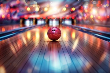 Poster - A bright red bowling ball sits atop a bowling alley, ready for its next roll