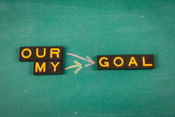 Wall Mural - our and my goal concept. old letter tiles on a green chalkboard background