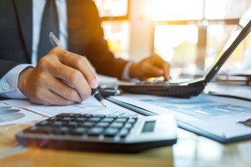 Female administrator reviewing financial documents, using calculator - income audit, balance sheet management, business finance