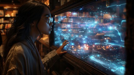 Poster - A woman explores interactive holographic book previews in a futuristic bookstore, touching the screen to navigate the display.