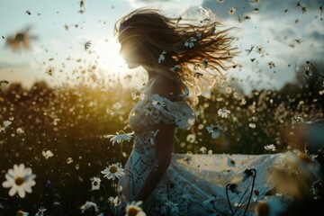 Aufkleber - A woman standing amidst a bright yellow field of daisies