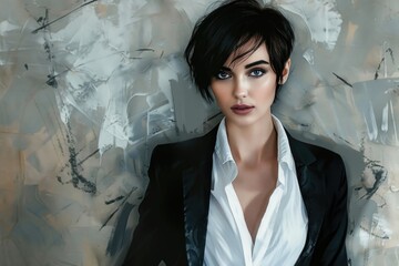 Wall Mural - A woman wearing a white shirt and black jacket, standing or sitting in a neutral background