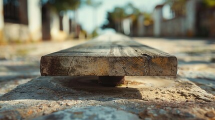 Poster - Close-up of a wooden bench on a city street, suitable for use in urban or architectural photography