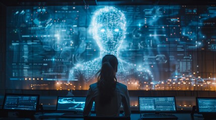 Poster - A woman sits in a modern office, facing a large screen displaying a holographic representation of a person.
