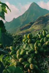 Poster - Close-up of a tree branch with various green fruits hanging from it, suitable for food or nature themed uses