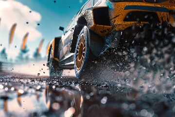 Poster - A yellow car navigating through a puddle of water on a road or driveway