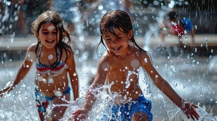 Wall Mural - Two young girls enjoying the water and sunshine in a fountain