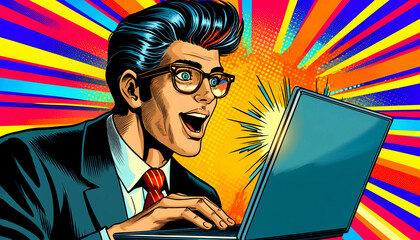 A dynamic retro comic book style illustration depicting a man looking at a laptop screen with an expression of sheer joy and amazement wallpaper background