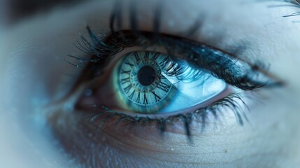 Poster - A close-up shot of a person's eye featuring a clock in the iris, offering a unique perspective on time