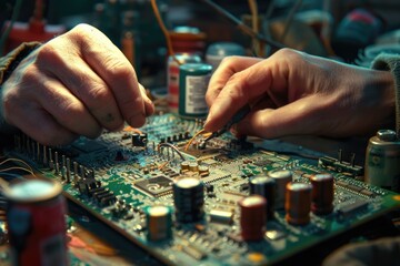 Poster - Close-up view of a person working on a circuit board with various electronic components and tools