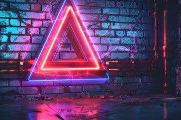 Poster - A neon triangle on a brick wall, perfect for urban or cityscape themed designs