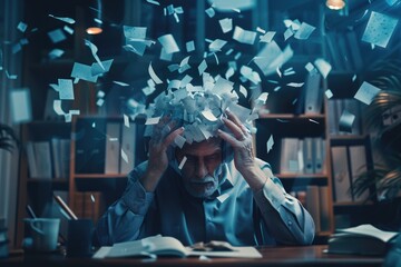 Poster - A busy office scene with papers and documents scattered around a man sitting at his desk