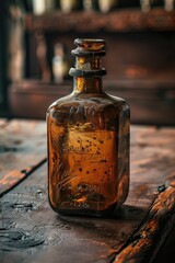 Poster - A brown glass bottle sits on top of a wooden table, ideal for use in still life photography or as a decorative element