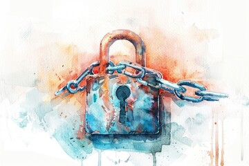 Poster - Watercolor painting of a padlocked chain