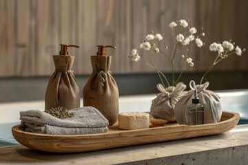 Poster - A bathroom scene with a wooden tray holding towels and soaps, perfect for showcasing spa or wellness products