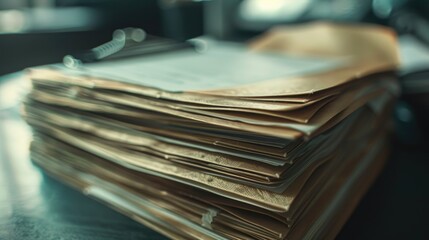 Poster - A pile of papers stacked on top of a desk or table, often used in office settings or as a study aid
