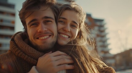 Poster - A romantic moment between two people, a man and a woman, embracing each other outside a building