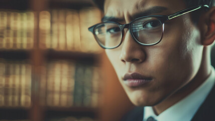 Wall Mural - Close up of a confident young Asian lawyer wearing glasses looking at the camera with a modern office backdrop.