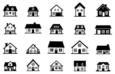 Sticker - House icon set. Monochrome home icons. Black and white. Simple geometric shape. Real estate. Flat style houses symbols for apps and websites Isolated on white background