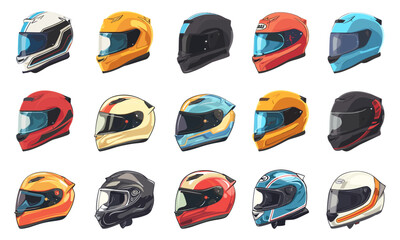 Poster - Moto helmet set. Racing helmets for car, motorcycle. Head protection. Motorsport safety concept. Isolated elements. Vector collection