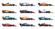 © MicroOne - Racing cars set. Side view. Formula 1 championship. Modern vehicle elements. Speed sport cars. Models of auto for competition. Vector clipart