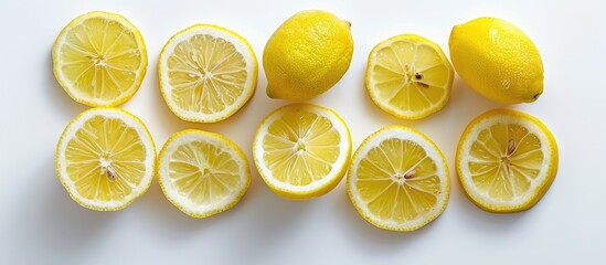 Wall Mural - Sliced lemon arranged on a white background from above.