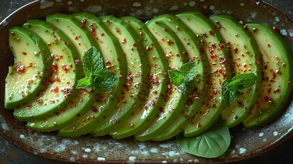 Wall Mural - Top view of a perfectly ripe avocado slices arranged neatly on a plate