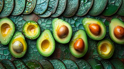 Wall Mural - Top view of an artistic arrangement of avocado slices or pieces in a unique pattern or design