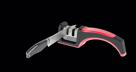 Poster - Kitchen 2 Stage Knife Sharpener with chefs knife, animation seamlessly loopable. 3D rendering isolated on transparent background