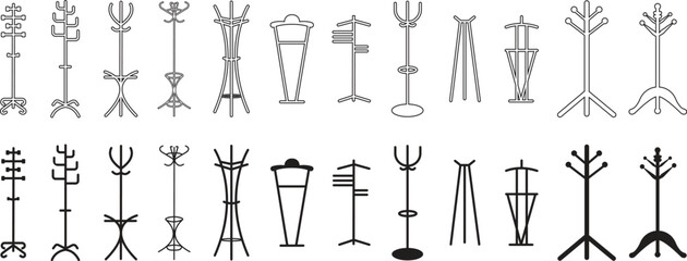 Coat stand flat, line icons Set. Hanger in lobby, hallway. Items of furniture to hung coat editable stock. Interior of room in house For Personal And Commercial for websites on transparent background.