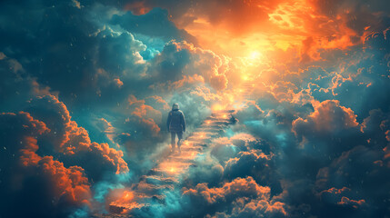 A man is walking on a path in the sky. The sky is filled with clouds and the colors are bright and vibrant. Scene is one of wonder and adventure, as the man seems to be exploring a new