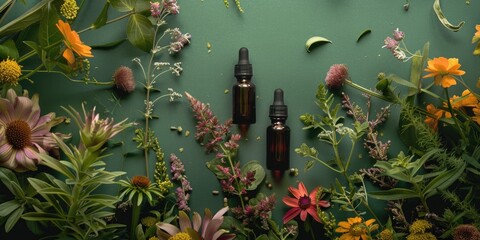 Poster - Several bottles of essential oils surrounded by fresh flowers