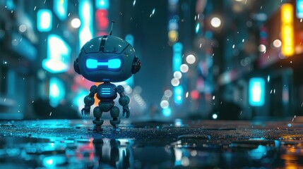 Aufkleber - A robot standing in the rain on a city street, ideal for use in futuristic or sci-fi scenes