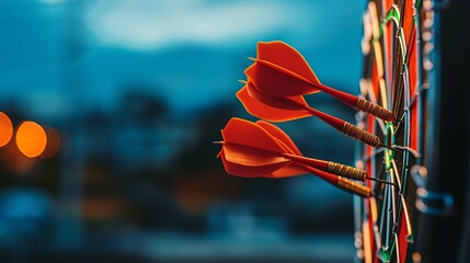 Close up shot red darts arrows in the target of dartboard center on dark blue sky background