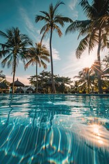 Poster - A serene pool scene with palm trees in the background, suitable for travel or relaxation imagery