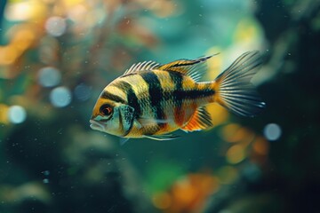 Aufkleber - A detailed view of a fish swimming in its aquarium home, often used for pet-related or underwater-themed content