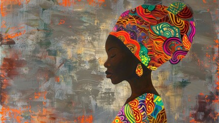 Poster - A painting of a woman in an orange headdress with colorful patterns, AI