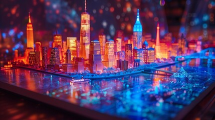 Poster - A detailed model of the New York City skyline, illuminated with vibrant colors, creating a visually stunning display.