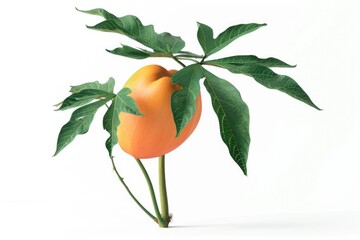 Poster - A photograph of an orange with green leaves on a white background