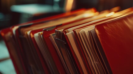 Poster - A group of red folders stacked on a table, suitable for office or organizational use