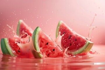 Poster - Fresh watermelon slices dropping into a calm body of water, creating ripples and splashes