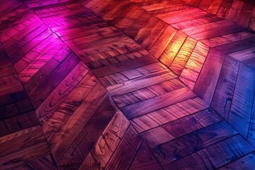 Poster - A wooden floor illuminated by colorful lights