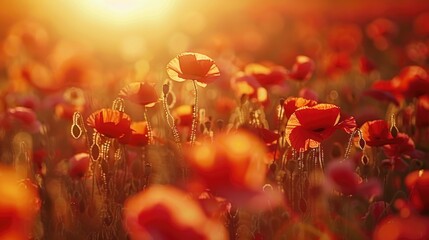 Poster - A beautiful field of red flowers with the sun shining behind, perfect for backgrounds and designs