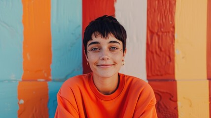 Poster - A young boy sits on the floor in front of a vibrant and colorful wall, great for kids' content or educational use
