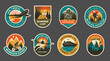 © ONYXprj - Travel badges. Worldwide outdoor exploration logo adventure time to travel on bike camping car airplane or ship recent vector hiking and climbing badges