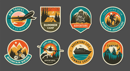 Wall Mural - travel badges. worldwide outdoor exploration logo adventure time to travel on bike camping car airpl