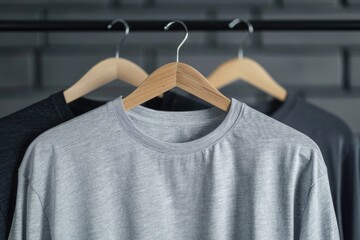 Poster - Three shirts hanging on a rack in a room, great for interior design or fashion photography projects