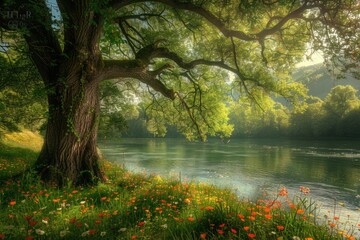 Aufkleber - A large tree sits alongside a peaceful river